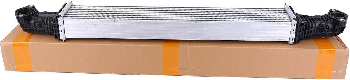 Turbo charge air intercooler with ribbed aluminum core and black end tanks