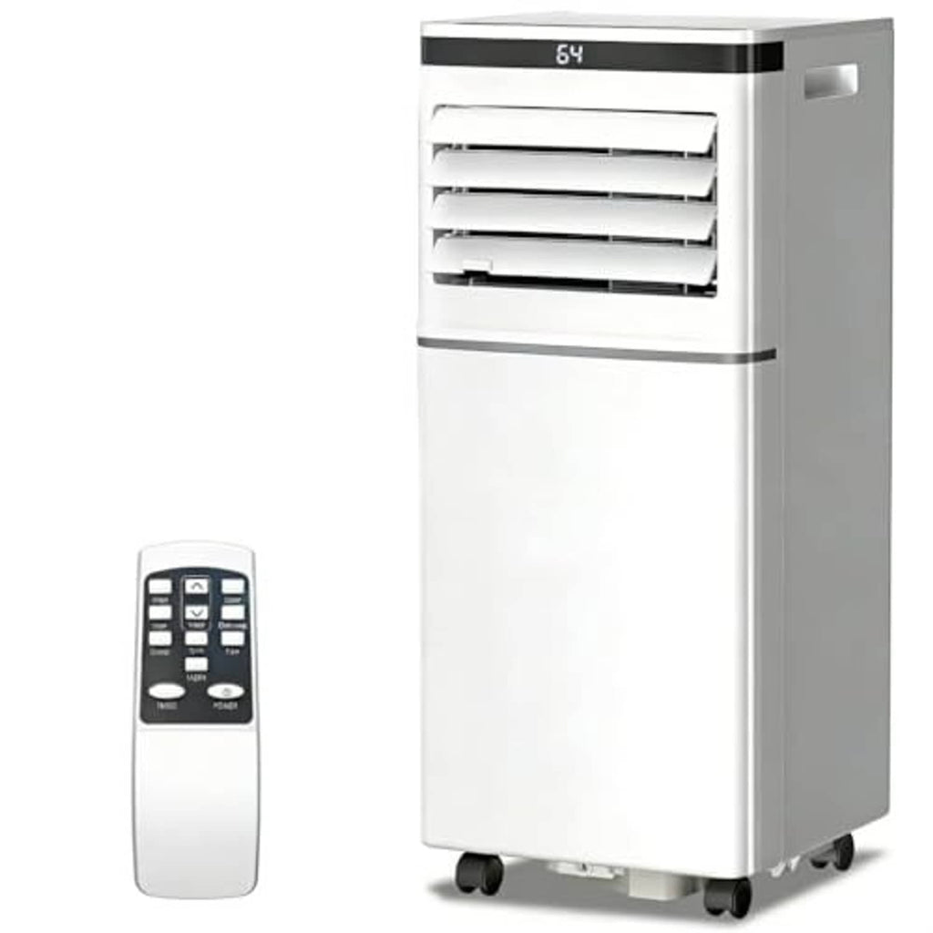 White portable air conditioner with front louvers and caster wheels, with remote