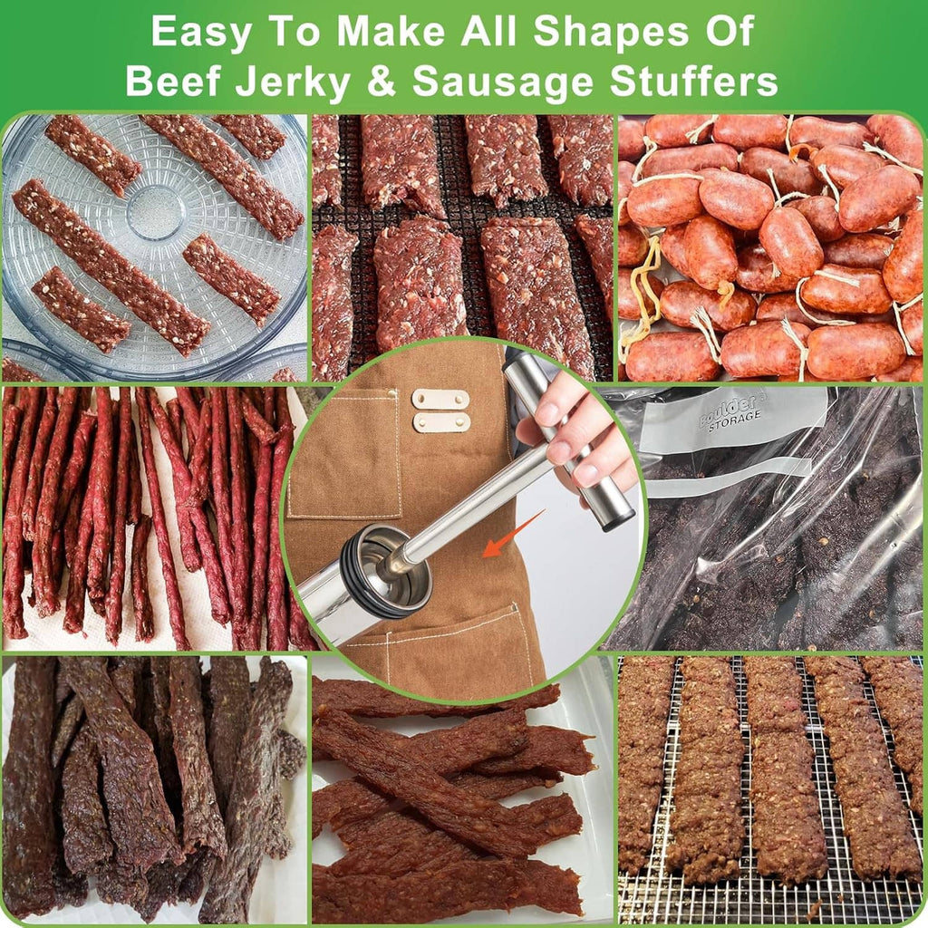 Jerky maker kit showing shaped beef jerky and sausage stuffing output