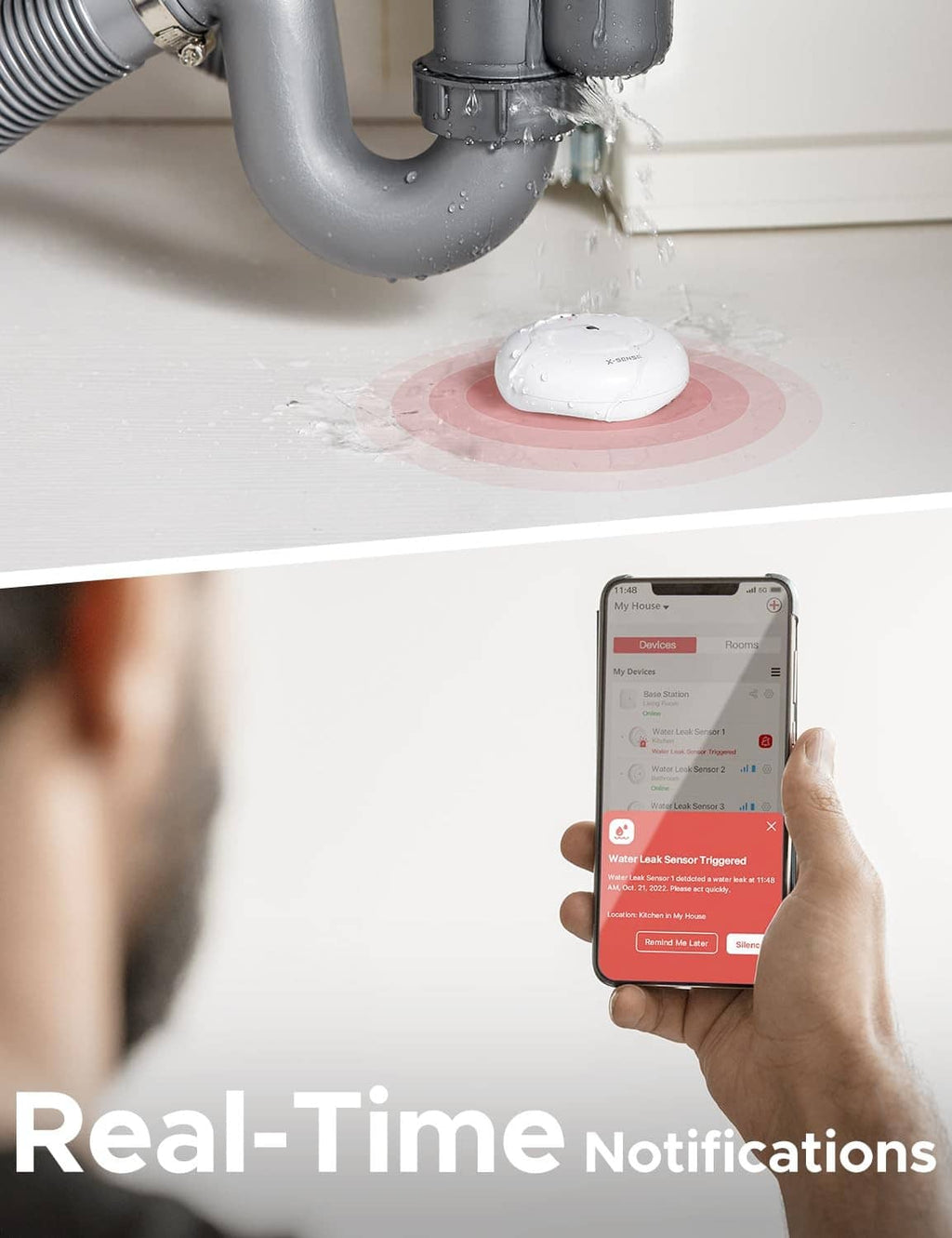 White X-Sense water leak detector with red alarm light near pipe leak