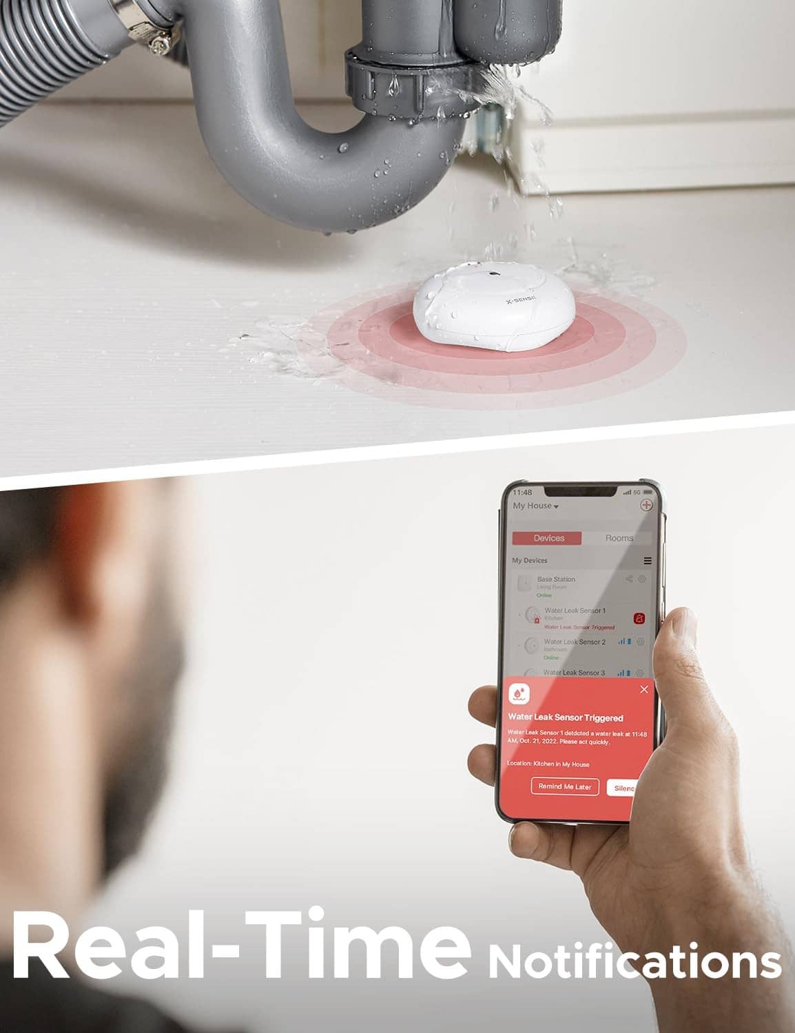 White X-Sense water leak detector with red alarm light near pipe leak