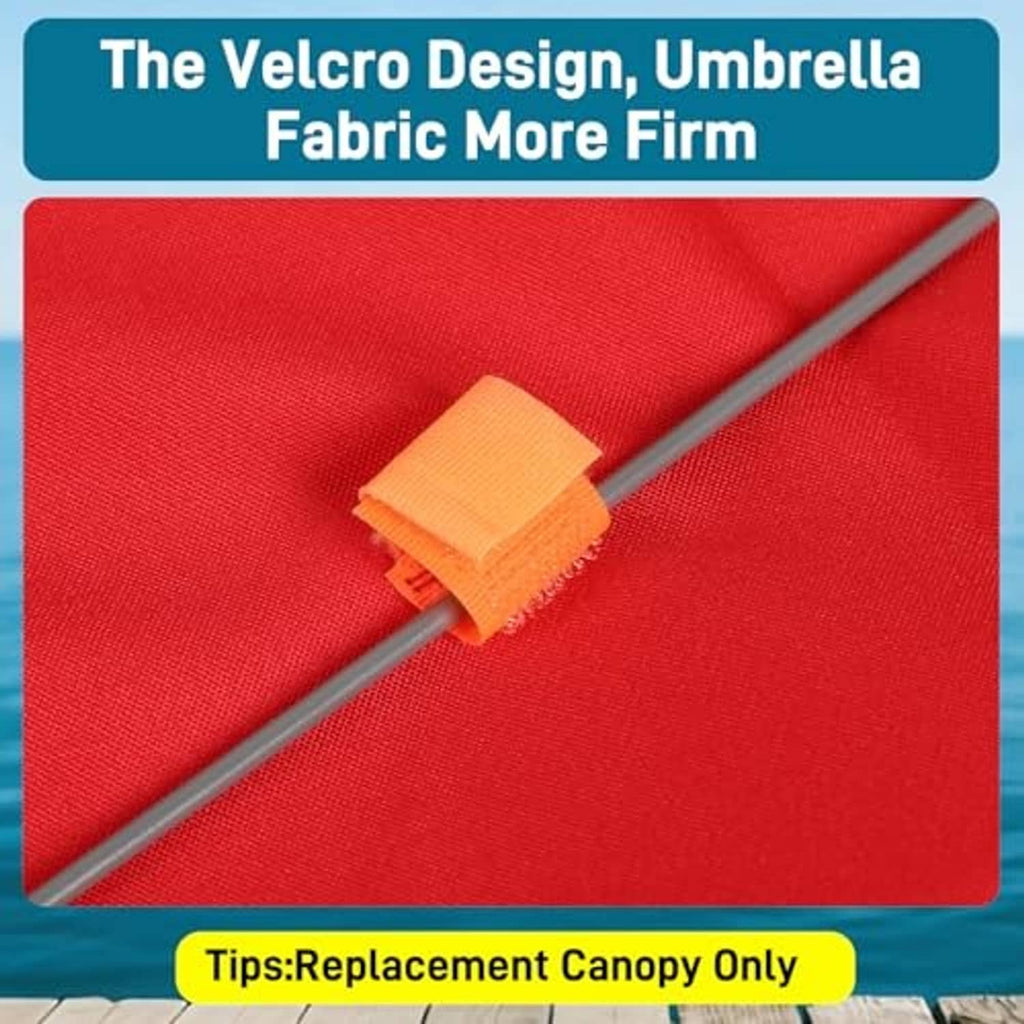 Red umbrella canopy fabric with gray rib bar and orange strap attachment