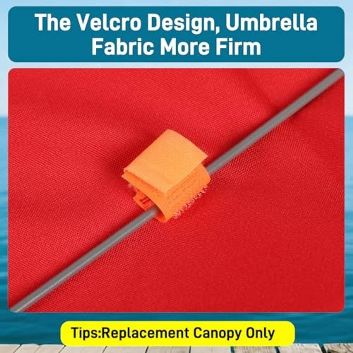 Red umbrella canopy fabric with gray rib bar and orange strap attachment