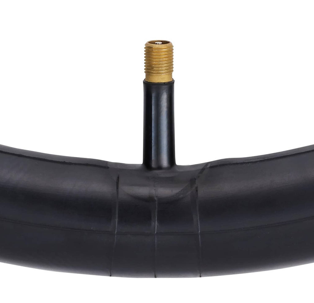Black bike inner tube with Schrader valve stem protruding from side