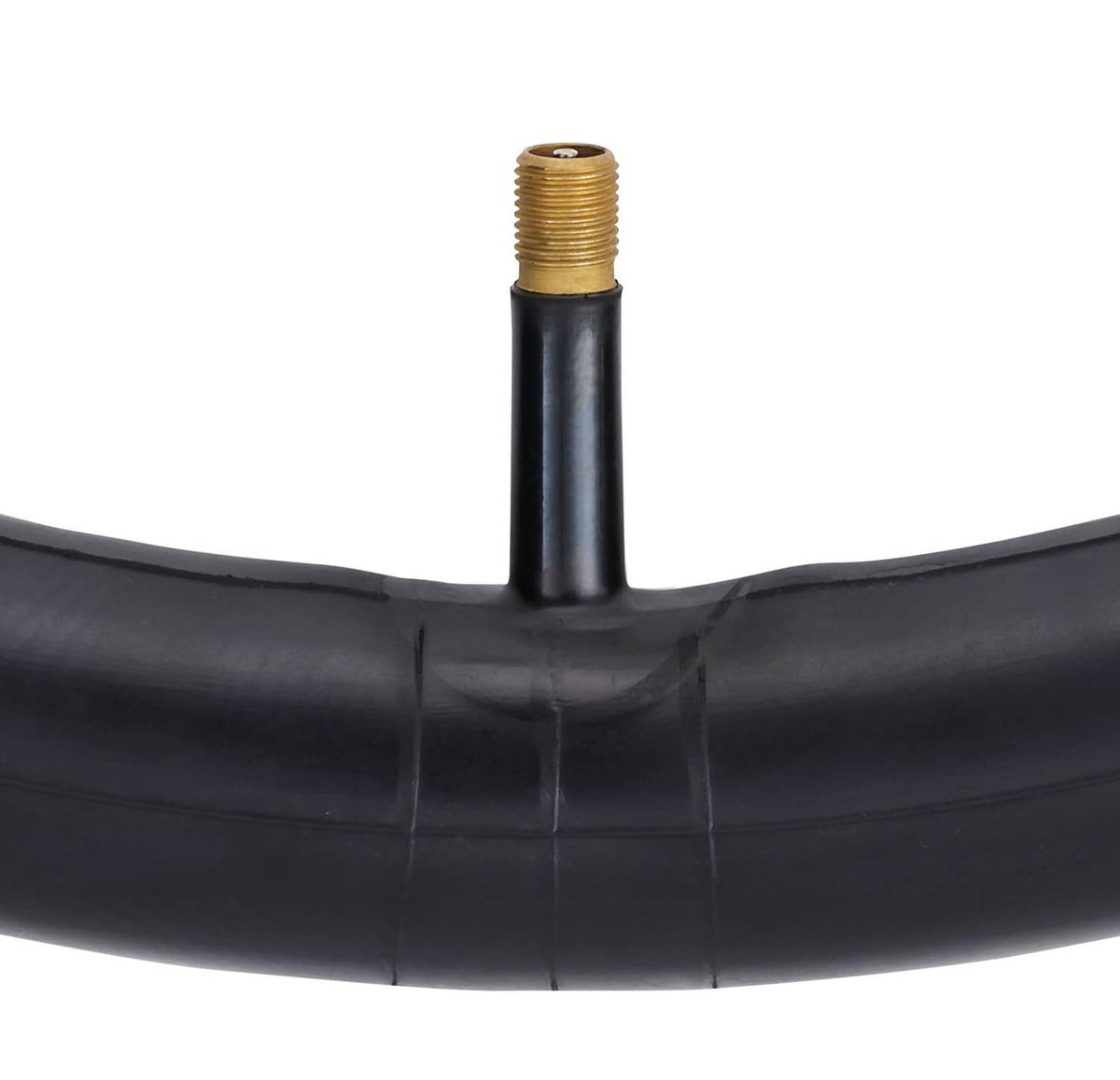 Black bike inner tube with Schrader valve stem protruding from side