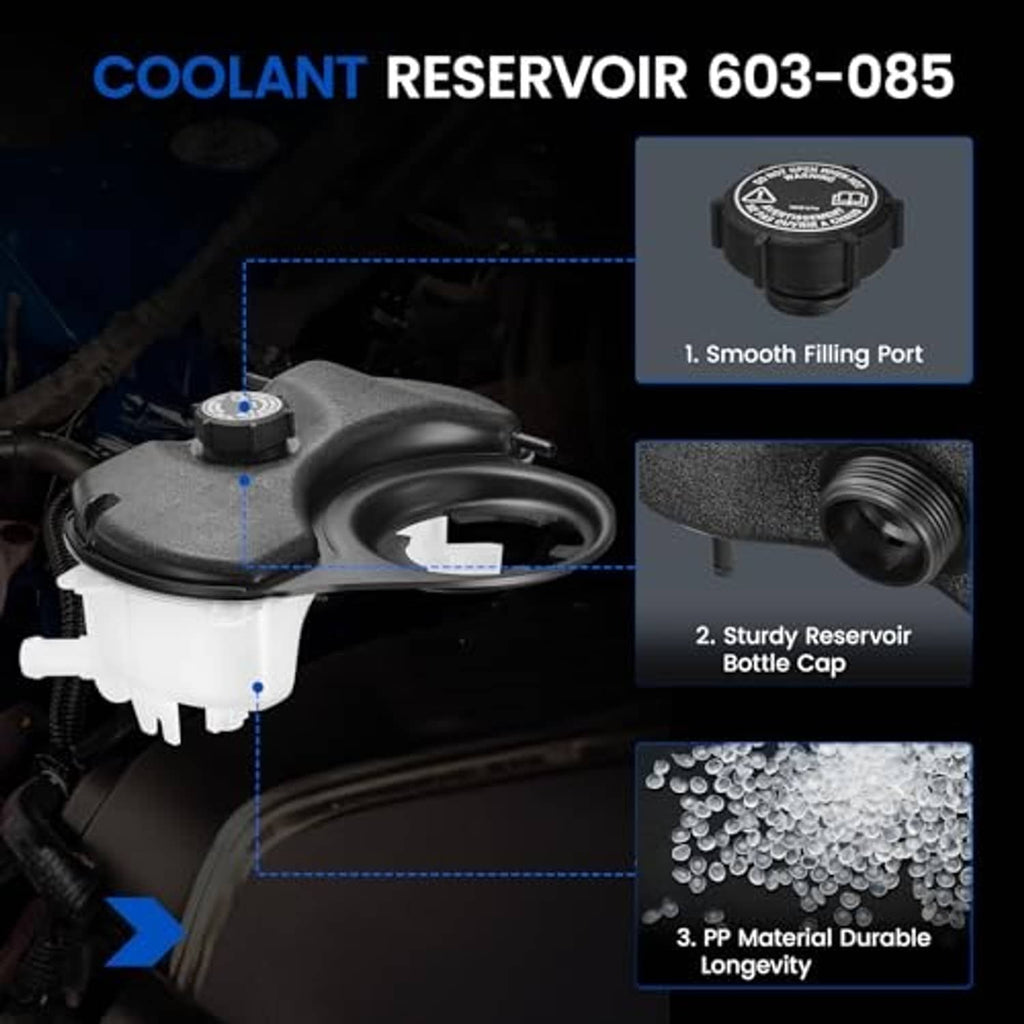 Coolant reservoir tank with black cap, molded gray top, and white outlet nozzle