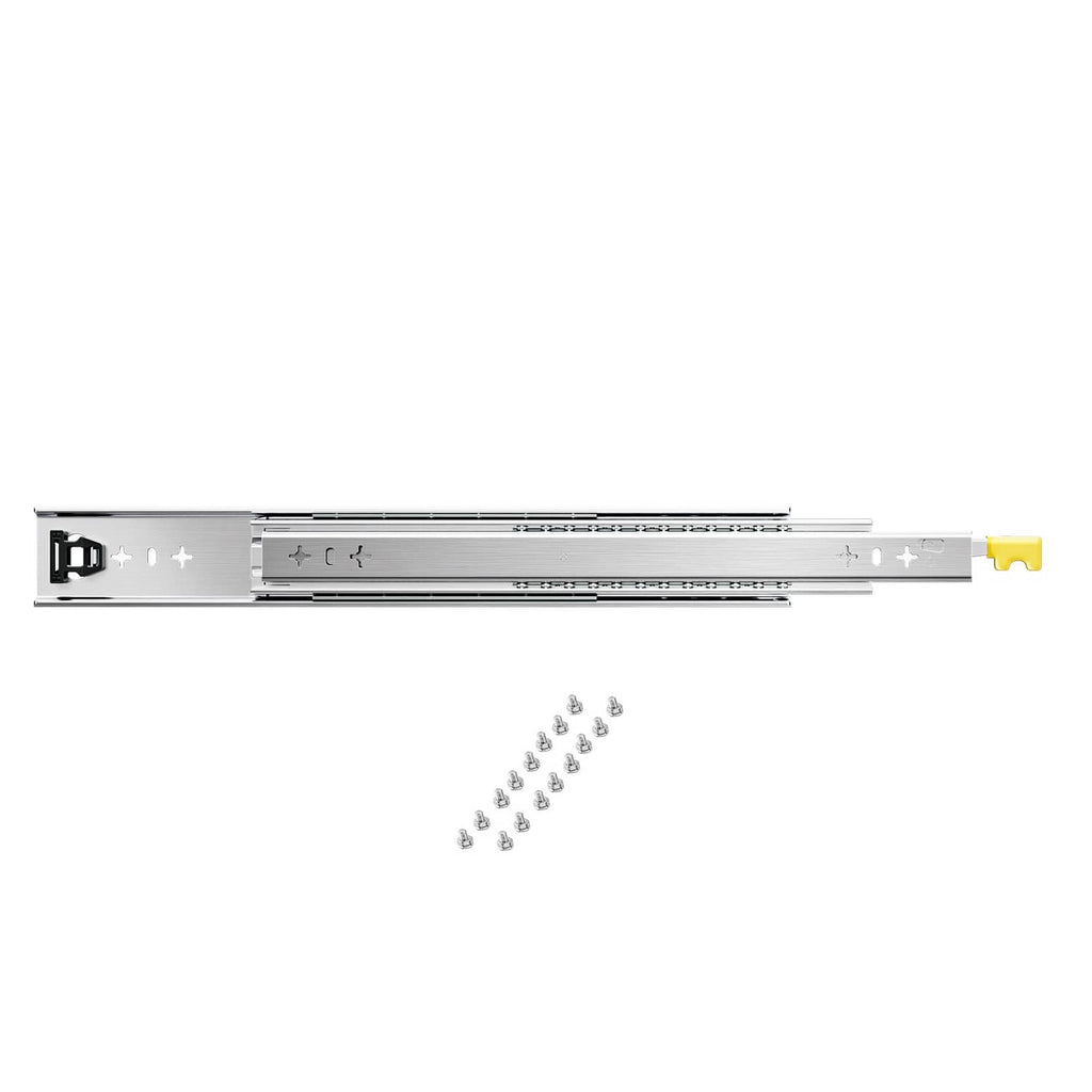 Full-extension drawer slide rails, silver steel with yellow lock tab and mounting holes
