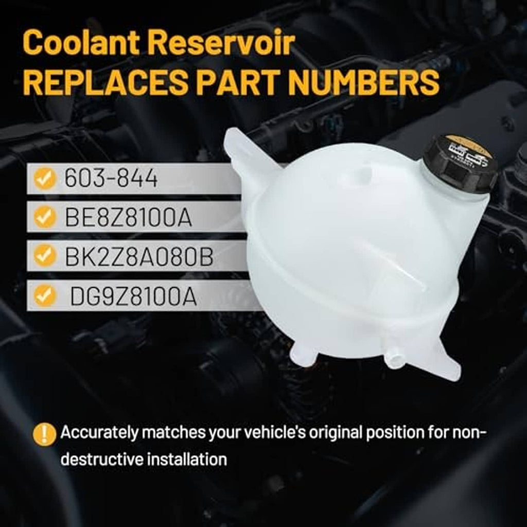 Coolant reservoir tank, white plastic with black cap and small lower outlet