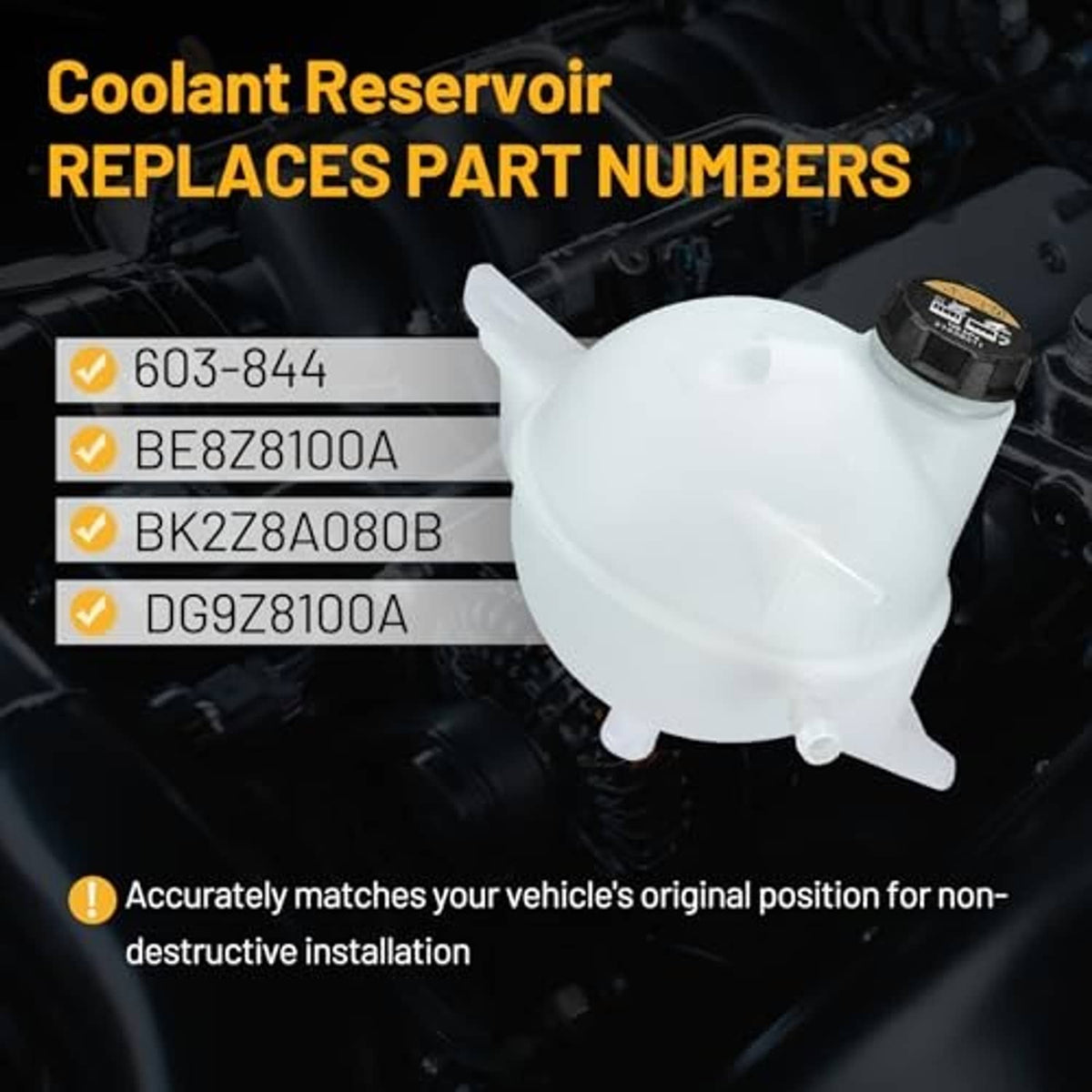 Coolant reservoir tank, white plastic with black cap and small lower outlet