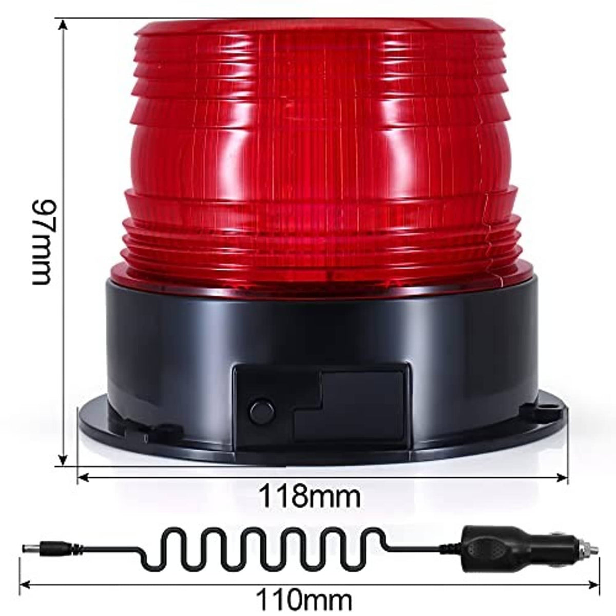 Red LED strobe rooftop beacon with black base and size measurements shown