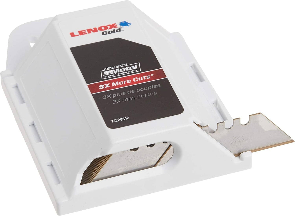 LENOX Gold utility knife blades in white cartridge holder with exposed metal blade edges