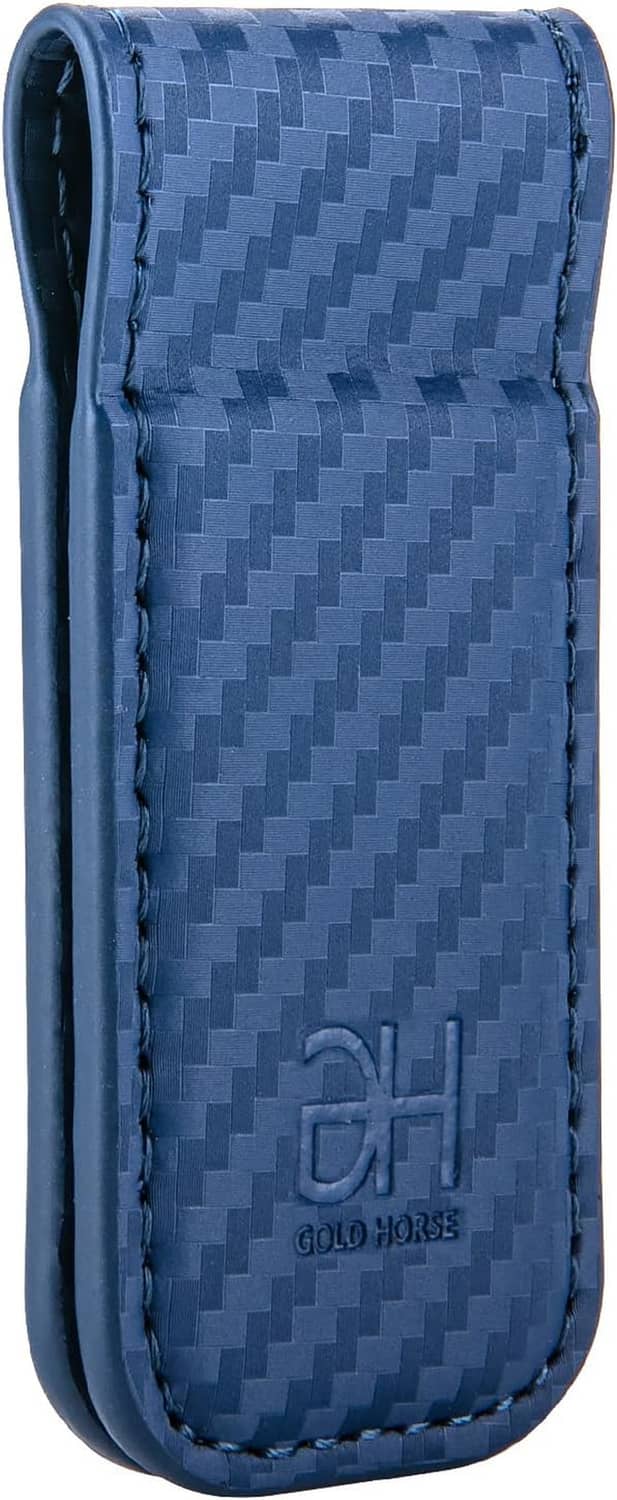 Blue leather slim money clip card holder with magnetic closure and embossed logo on front