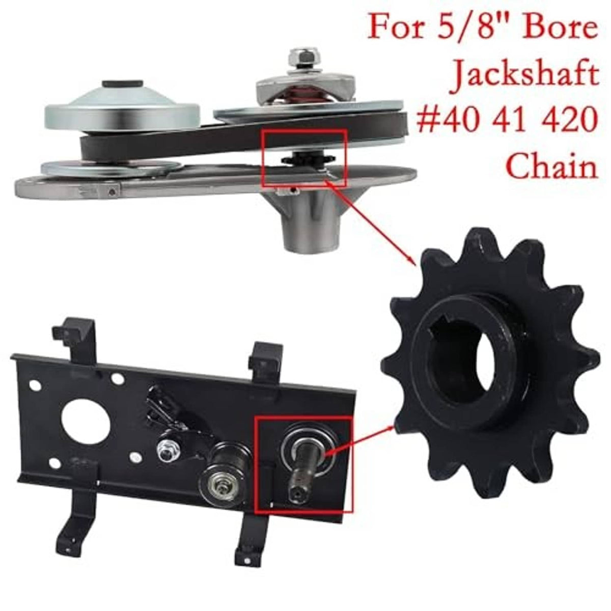 12-tooth sprocket with 5/8 in bore and spacer washers for #40 chain setup.