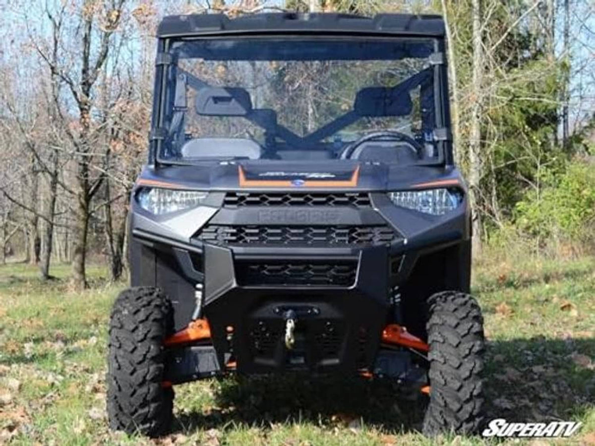 Polaris Ranger XP 900 clear full windshield on front cab, outdoor view