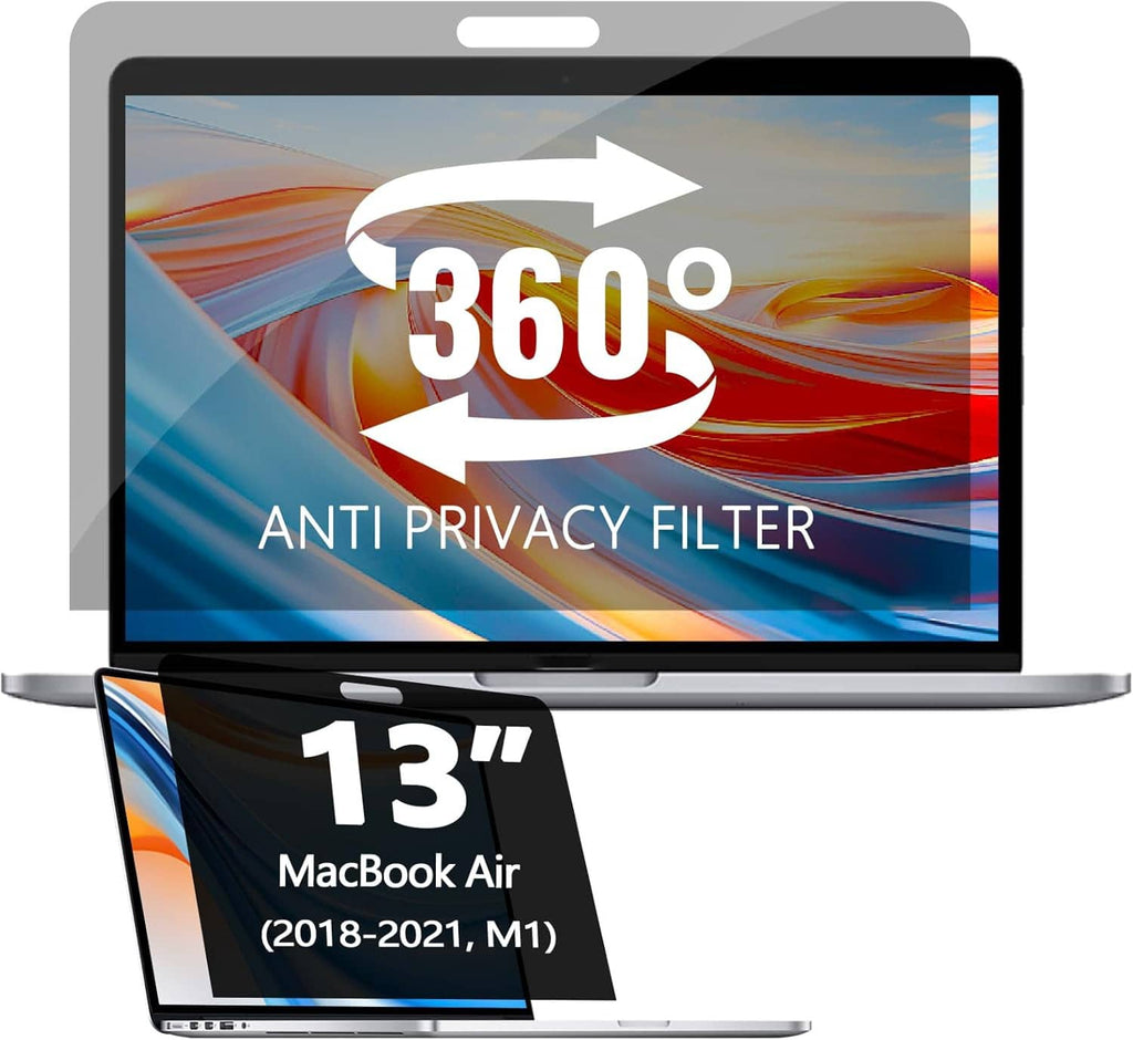13-inch MacBook privacy screen protector fitted over the screen, 360° privacy