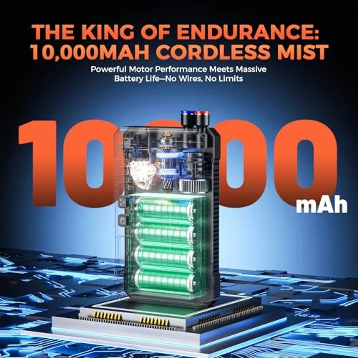 Portable mist system battery pack with visible internal circuitry