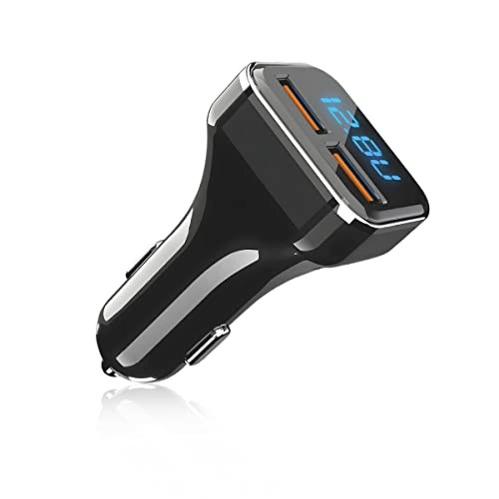 Compact dual USB car charger with blue LED voltage meter and orange indicator