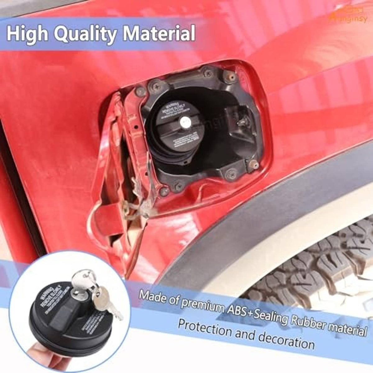 Black anti-theft fuel tank cap with lock key cylinder on red fuel door