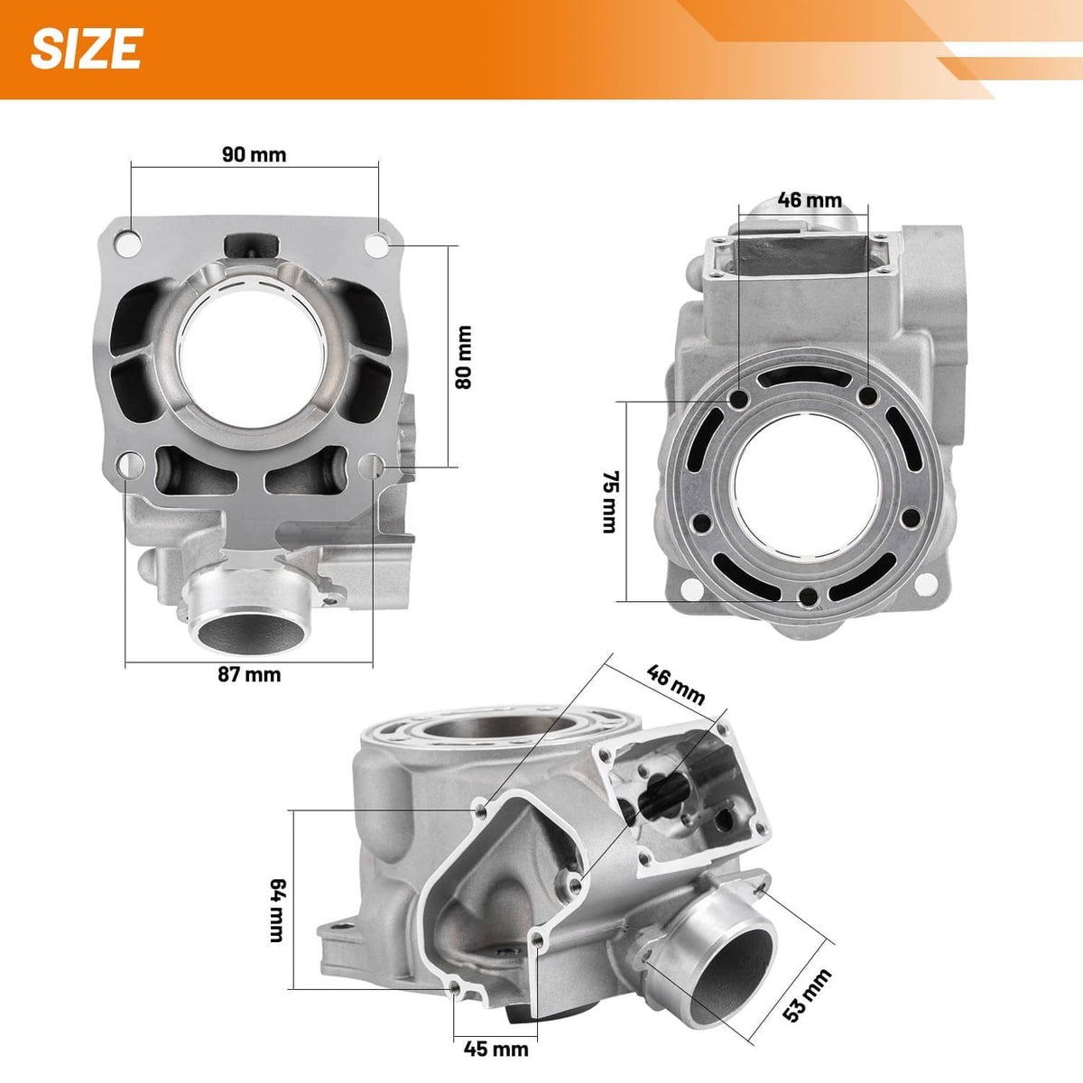 54mm cylinder and piston kit size diagram with labeled dimensions and ports.