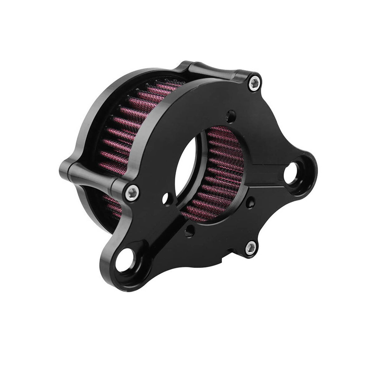 Air cleaner intake filter kit with black housing and red pleated filter, angled view