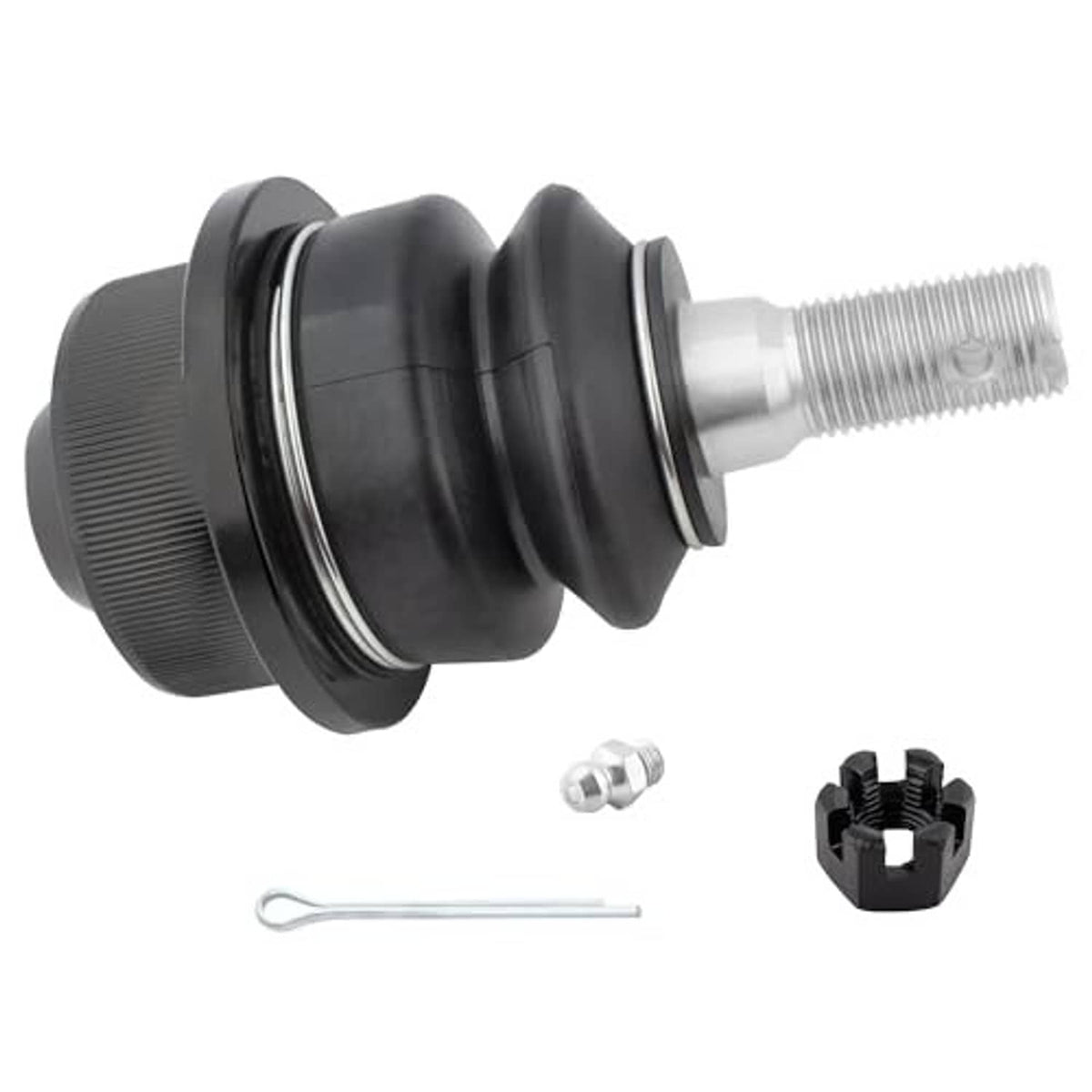 Front ball joint side view with black boot, threaded stud, cotter pin and clip