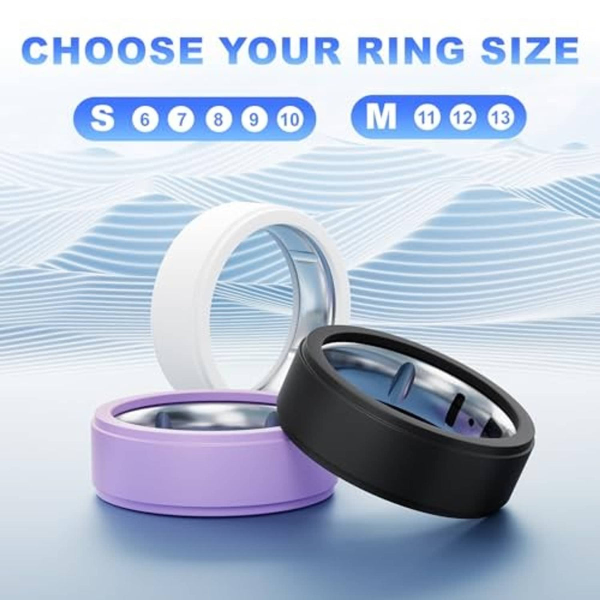 Silicone ring covers in white, purple, and black colors for smart rings