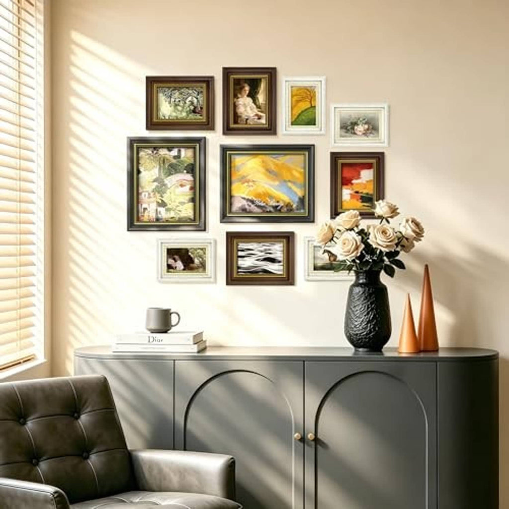 Vintage photo frame collage set wall display above console with small artworks