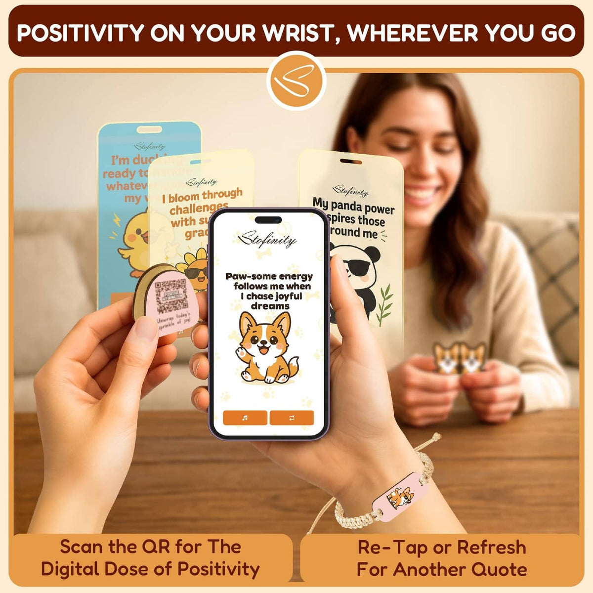 Corgi positive wrist cards with QR scan on phone and digital quotes