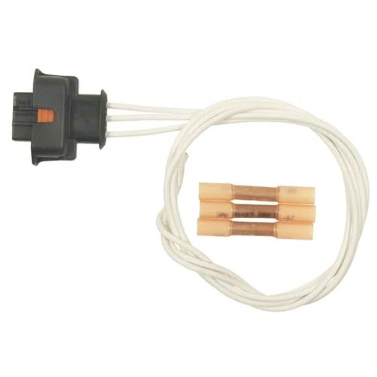 Pigtail wiring harness with black connector shell and copper terminals, white lead wires