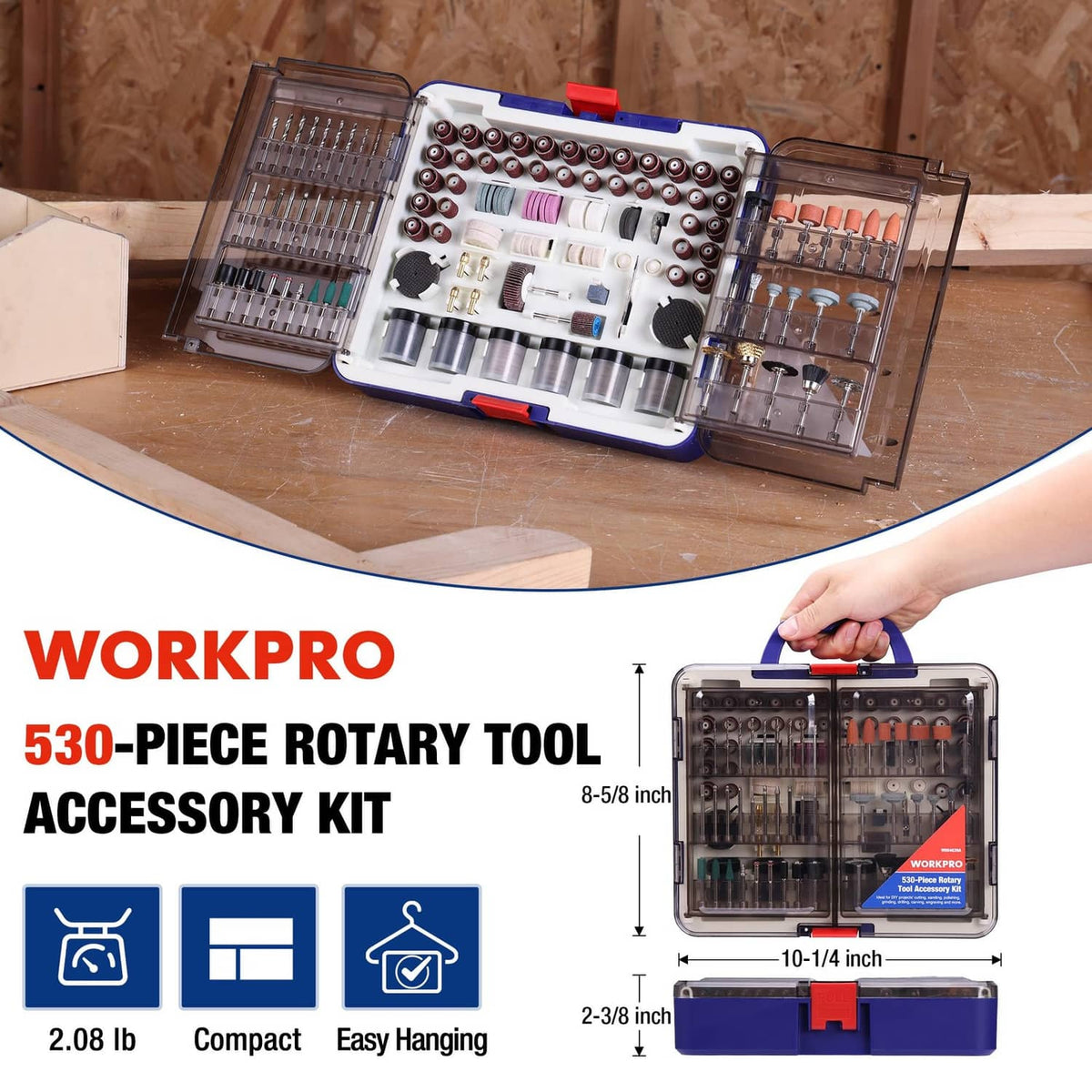 Rotary tool accessory kit case open with assorted drill, cutting, sanding and grinding bits