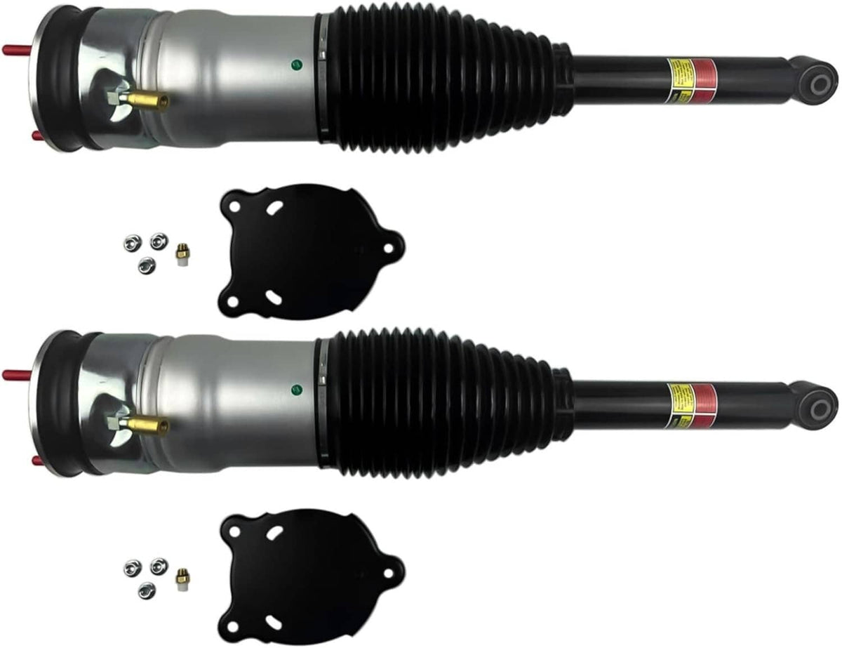 Rear air suspension strut pair with black boots, silver cylinders, and two black mounting plates