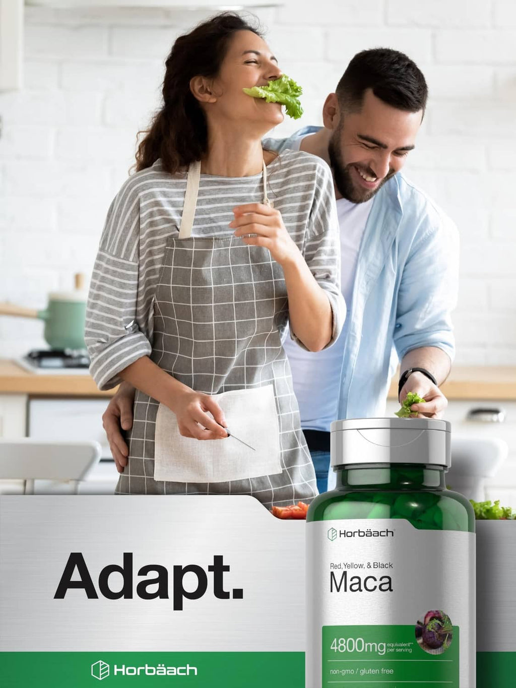 Horbäach Maca Root supplement bottle with 4800 mg label and green cap