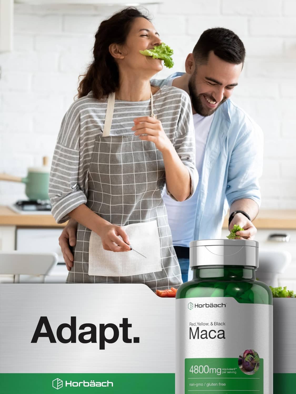 Horbäach Maca Root supplement bottle with 4800 mg label and green cap