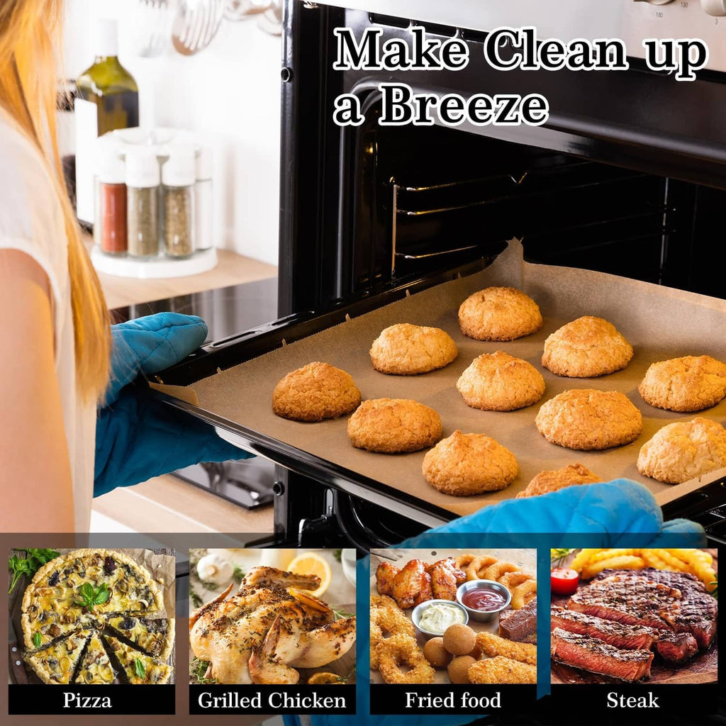 Parchment paper liner on air fryer tray holding baked food, for easy cleanup