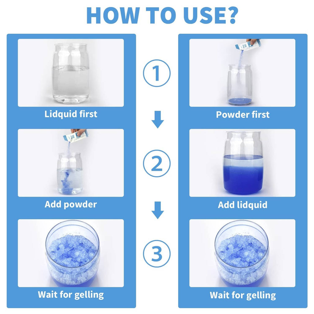 How to use portable waste gel: add powder to liquid and wait for gel