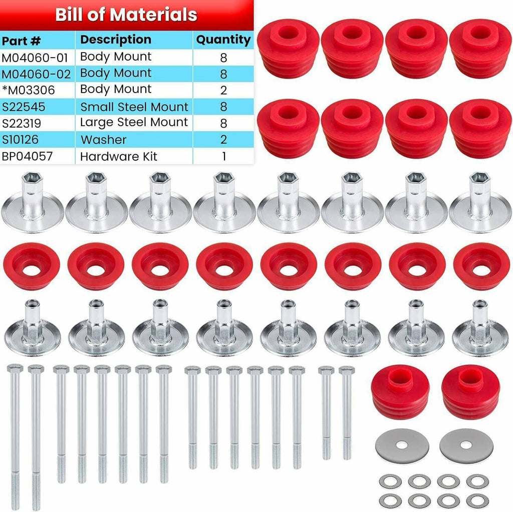 Bill of materials sheet showing red body mount bushing kit components and quantities