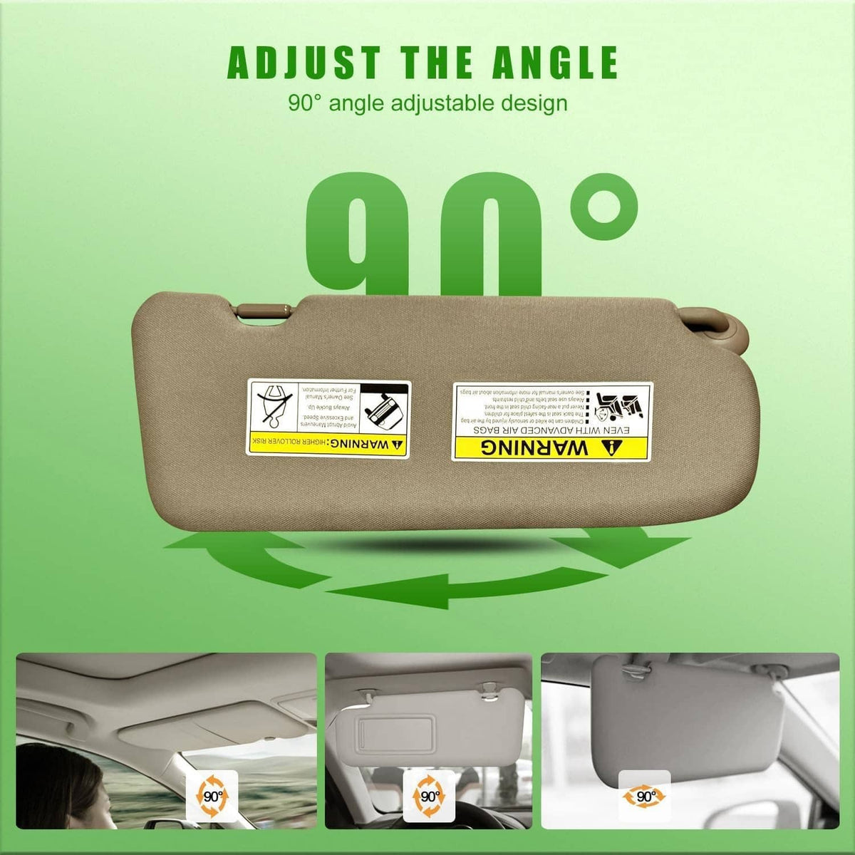 Beige left driver-side sun visor with angled adjustment and mirror panel face
