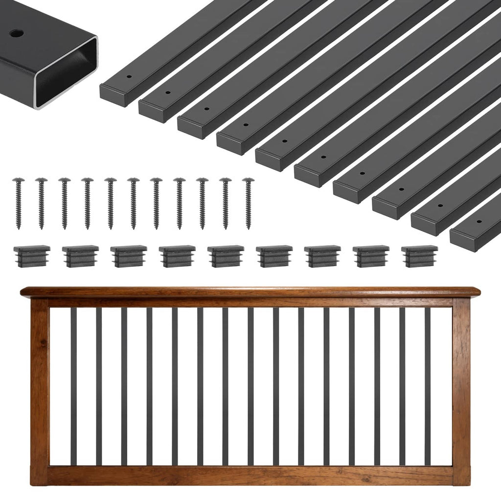 Black steel rectangle railing balusters with mounting hardware and screws
