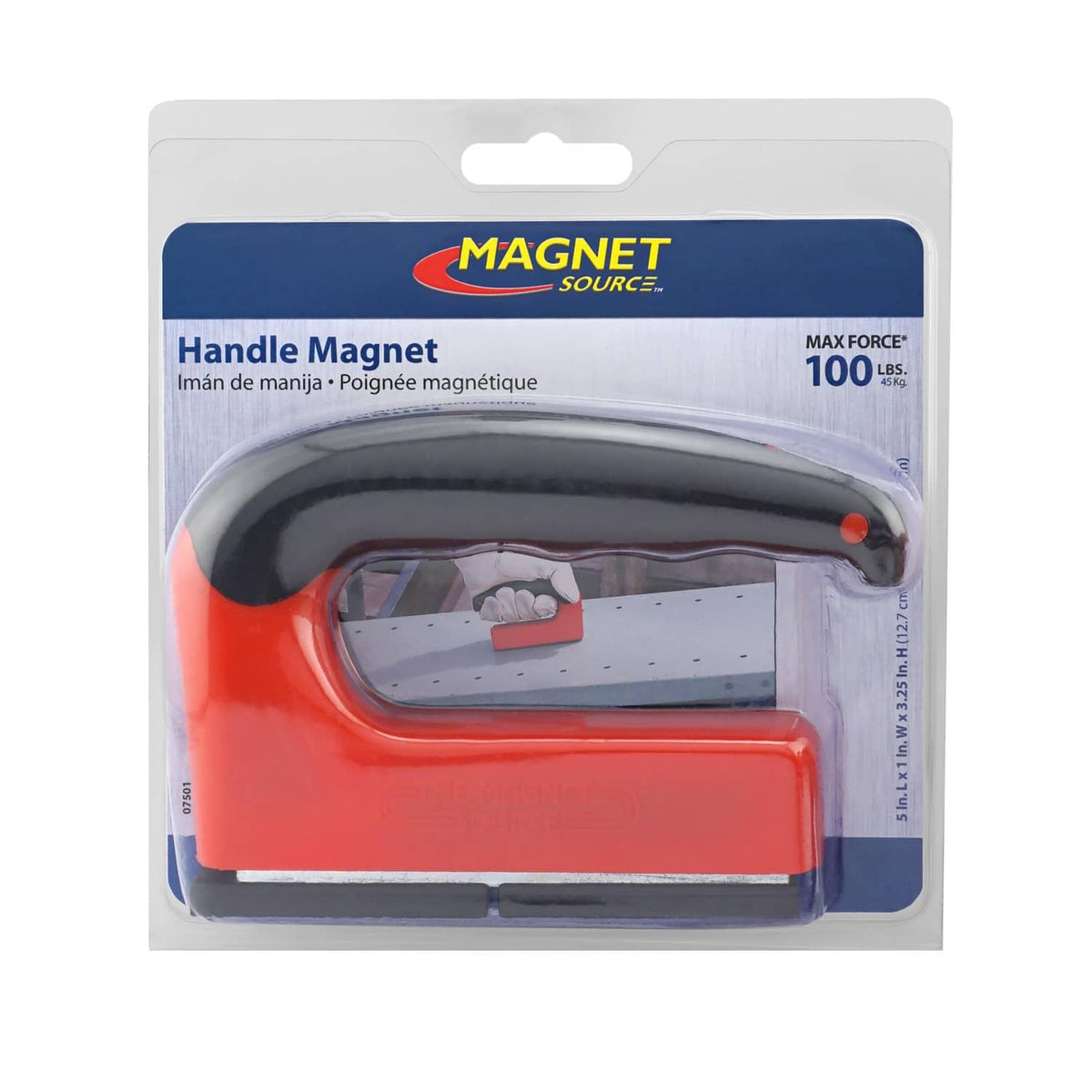 Handle magnet in blister packaging with orange handle and gray magnetic core