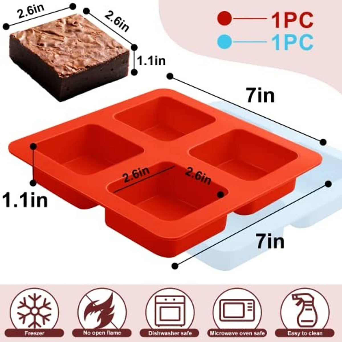 4-cavity square silicone baking molds, non-stick brownie pan, orange-red base