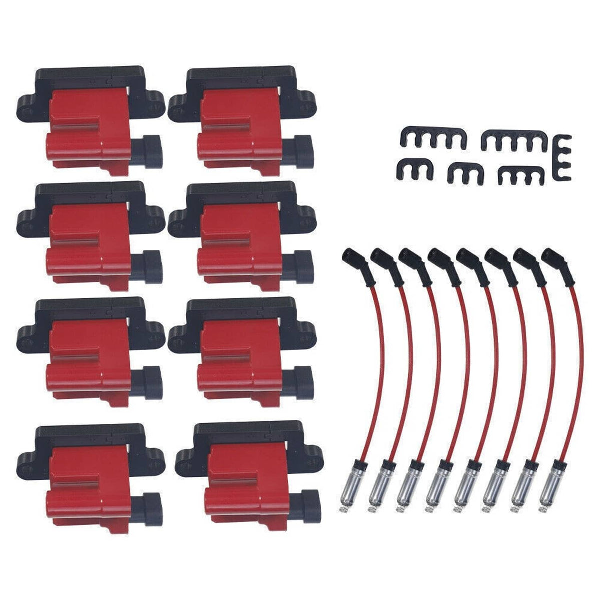 8-pack square ignition coils with red housings and spark plug wire harness with boots