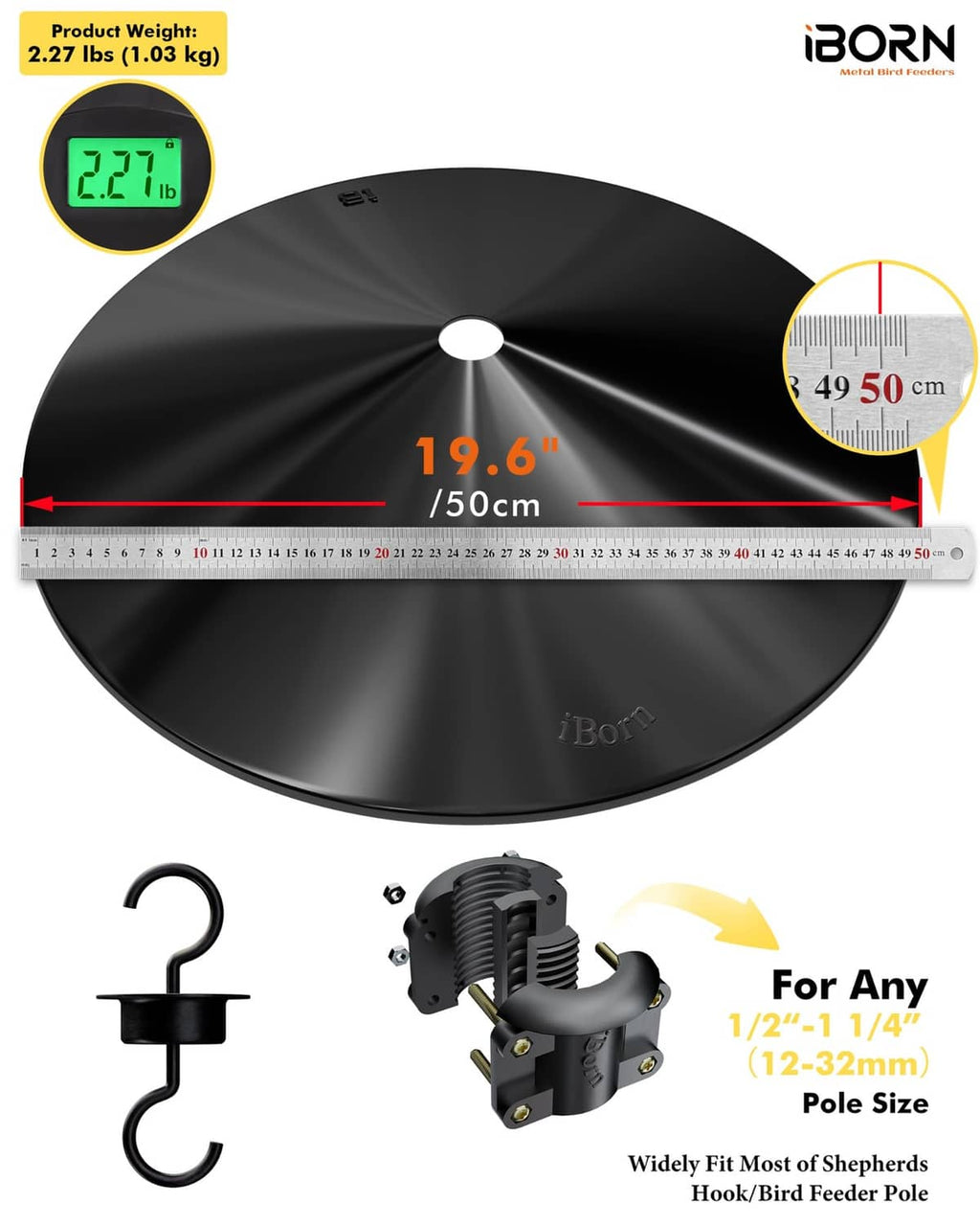 Black powder-coated baffle, 19.6 in (50 cm) size, with hanging hook and clamp