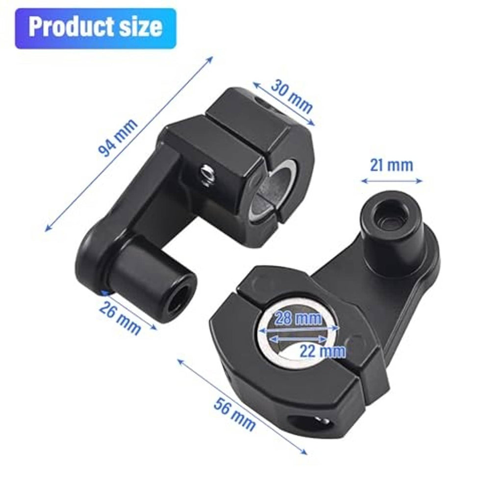 Black motorcycle handlebar clamp risers with printed size measurements diagram