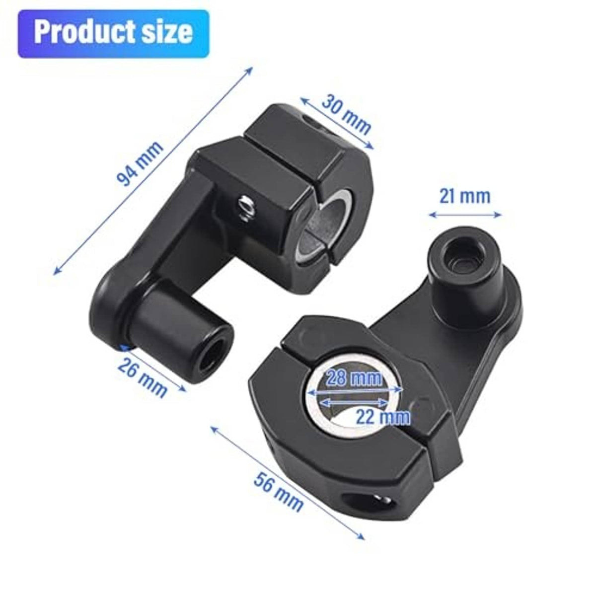 Black motorcycle handlebar clamp risers with printed size measurements diagram