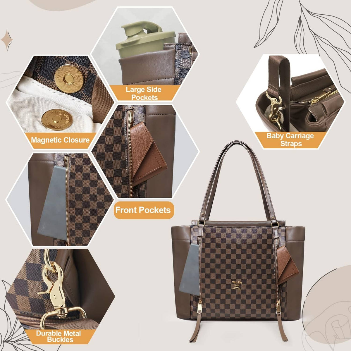 Brown checkered diaper bag tote with front pockets, magnetic closure, and metal buckles
