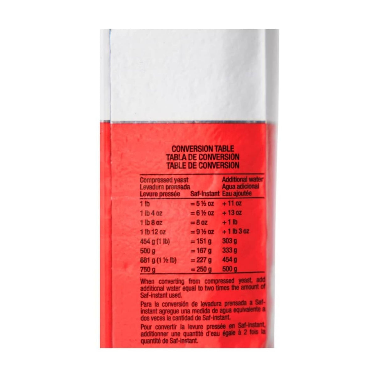 Saf instant yeast pouch label showing conversion table on the red panel