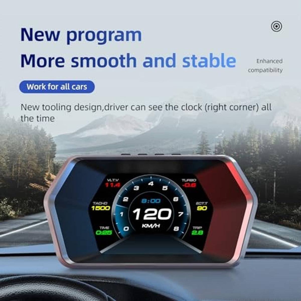 Car HUD heads-up display showing 120 km/h speed on a circular gauge interface