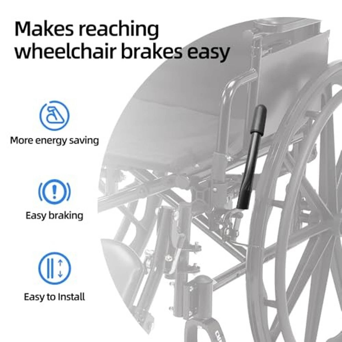 Wheelchair with black brake handle extensions featuring rubber grip for easy braking