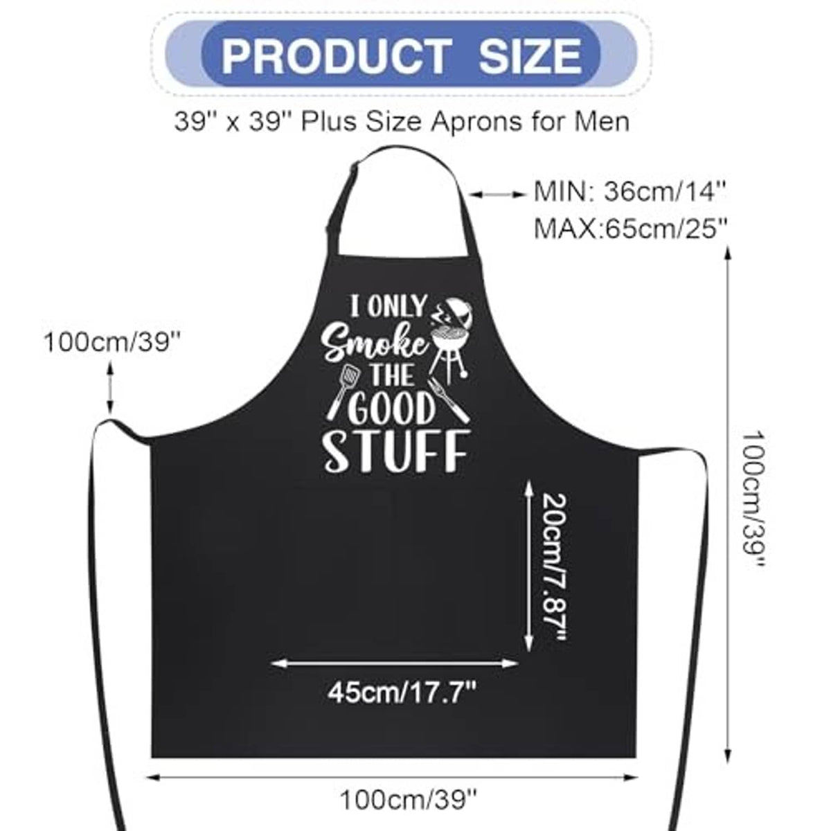 Black plus-size apron size diagram with front pocket and neck strap