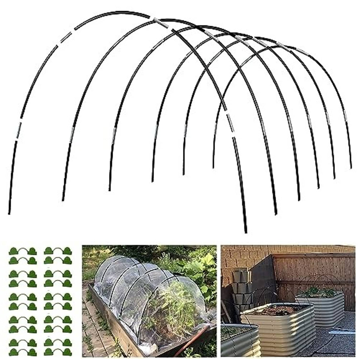 Greenhouse hoop frame set with multiple black arches for garden grow tunnels